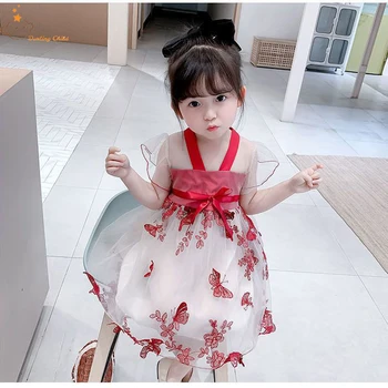 0-3 Yıl Bebek Kız Hanfu Elbiseler Çin Geleneği Tarzı Kıyafetler İlmek Prenses Elbiseler Kısa Kollu Dantel Tül Elbise