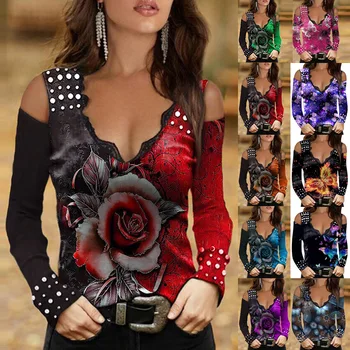 10 Renk S-5XL Kadınlar Degrade Gül Çiçek Kelebek Baskı T-Shirt Seksi Kapalı Omuz Uzun Kollu Dantel Patchwork Tee Tops