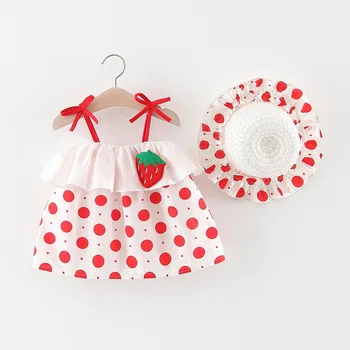 2 Adet/takım Pamuk Toddler Bebek Kız Yaz Prenses Elbise Düz Renk Kolsuz askı elbise Çiçek Dekor + Şapka 6 M-3 T