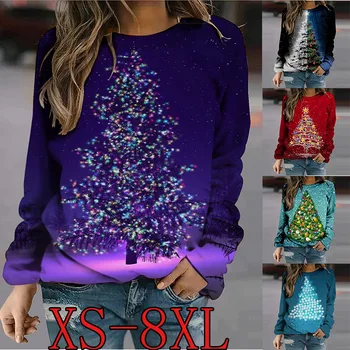 2022 Noel Baskılı kadın Üstleri Sonbahar Uzun Kollu Gevşek Rahat Moda Kazak T-shirt Artı Boyutu kadın Giyim XS-8XL