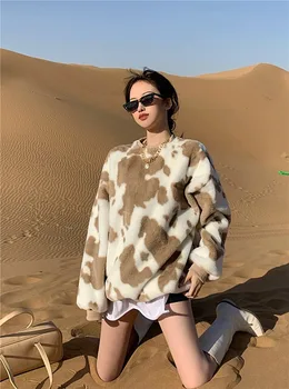 2023 Bayan Giyim Üst Rahat Kış Pazen Desen Leopar Baskı Uzun Kollu O-boyun Retro Kazak Kazak Grafik Hoodie