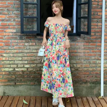 2023 Yaz Kore Baskı Resort Tarzı Slash Boyun Midi Elbise Kapalı Omuz Çiçek Kolsuz Kadın Giyim Ücretsiz Kargo
