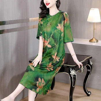 2023 Yaz Yeni Çiçek Baskılı İpek Kısa Kollu Elbise kadın Vintage Gevşek Büyük Qipao Etek İnce Diz Elbise
