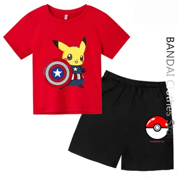 2023 Yeni Rahat Pokemon Tshirt Seti Çocuklar Yaz Erkek Bebek Giysileri Kız Çocuk Anime T-shirt Erkek Kadın Giyim