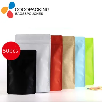 50 ADET Stand Up renkli Mat saf Alüminyum Folyo kilitli torba ısı sızdırmazlık Mylar kahve tozu paketleme Mylar yeniden kullanılabilir fermuarlı çantalar