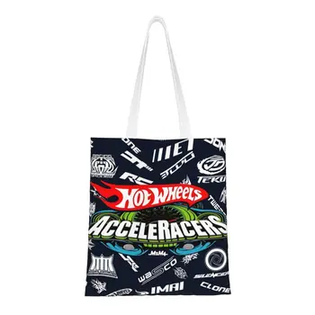 AcceleRacers Logolar Sıcak Tekerlekler Bakkaliye alışveriş çantası Kadın Kawaii Karikatür Spor Araba Tuval Omuz Alışveriş Çantası Çanta