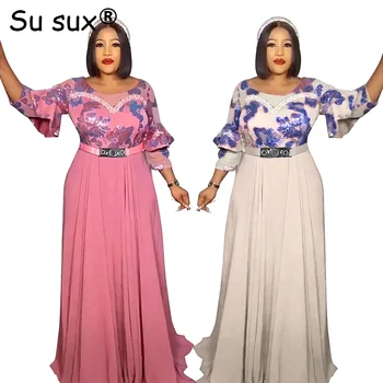 Afrika Giyim Sequins Şifon Yüksek Bel Maxi Afrika Parti Elbiseler Kadınlar İçin 2023 İlkbahar Yaz Boubou Elbise Africain Femmes