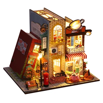 Ahşap Minyatür Dollhouse Kiti Aksesuarları Mobilya Kitap Nook Kahve Bebek Evi Oyuncaklar Casa Roombox Yetişkin Doğum Günü Hediyeleri