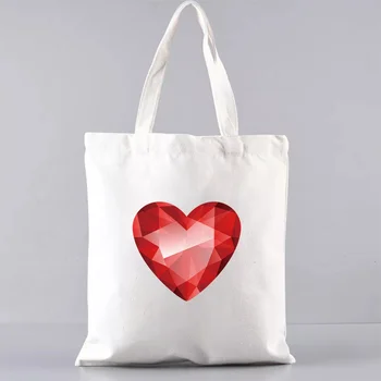 Aşk Kalpler Desen Baskı Kadın Eko alışveriş çantası Tuval Beyaz Tote Çanta Alışveriş Bolsas Serisi Çanta Kullanımlık omuzdan askili çanta