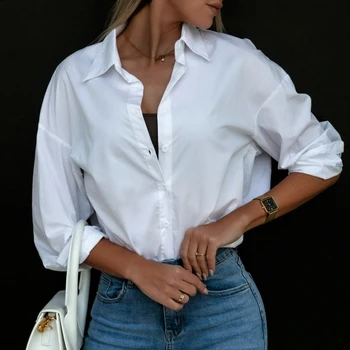 Bahar Ofis Bayan Üst Zarif Uzun Kollu Beyaz Gömlek Casual Gevşek kadın kıyafetleri Turn Down Yaka Katı Streetwear Bluz 21596