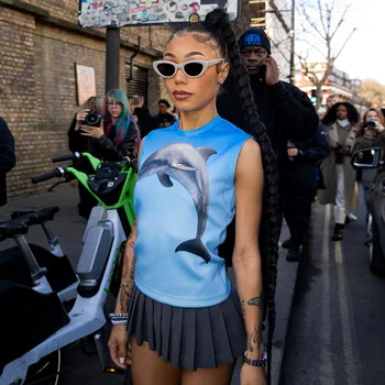 Baskılı Mavi Tank Top Kadın Giyim Yaz 2023 Rahat Özlü O-boyun Kolsuz İnce Üstleri Moda Yelek Streetwear