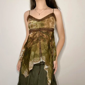 Batik Baskı Vintage Kaşkorse Kolsuz Dantel Patchwork Düzensiz Asimetrik Üstleri Y2K Fairycore Retro kadın Kıyafetleri 90s