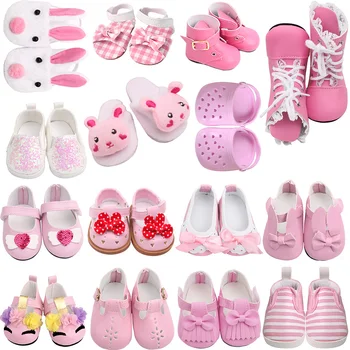 Bebek Ayakkabıları 7cm Pembe Peluş Martin Çizmeler, Çizgili kanvas sandaletler, Terlik Fit 18 İnç Kız ve 43cm Yeni Doğan Bebek çocuk hediyesi