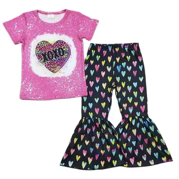 Bebek Kız sevgililer Günü Çocuk Seti Toddler Pembe Kısa Kollu Kalp Leopar Gömlek Tee Kıyafet Çocuk Renkli Çan Alt Pantolon