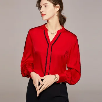 Birdsky, 1 ADET Kadın gömlek tops V boyun uzun kollu kumaş düğmeler dantel kenar 95% gerçek dut ıpek 3 düz renk, S-619