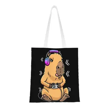 Capybara Dev Cavy Kemirgen Gamer Oyun Bakkal Alışveriş Çantası Kadın Tuval Shopper Omuz Çantaları Büyük Kapasiteli Çanta
