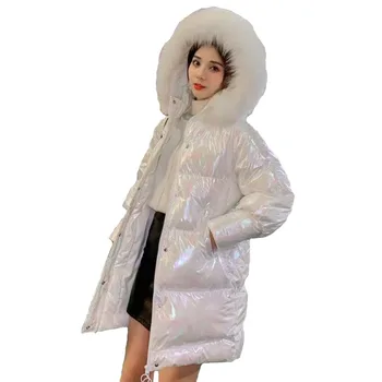Ceket Bling Islak Bak Kış Kadın Pamuk Kabarık Kapşonlu Uzun Kollu Kalınlaşmak Sıcak Kadın Gevşek Casual Palto Moda Dış Giyim N8