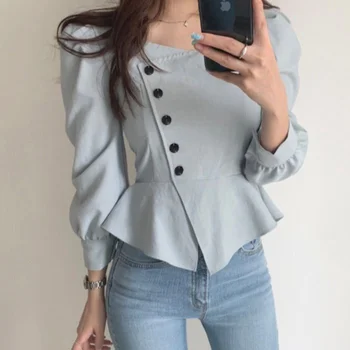 Chemise Femme Kore Şık Sonbahar Retro Yüksek Bel Puf Uzun Kollu Kare Yaka Gömlek Mizaç Üst İnce Blusas Camisas 2023