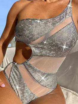 COOBBU Cut Out Mayo Kadınlar Bir Omuz Tek Parça Takım Elbise 2023 Örgü Mayo Seksi Bodysuits See Through Beachwear Parlak Banyo