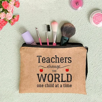 Dünyanın en iyi Öğretmen Baskı Makyaj Çantaları Öğretmen Tuval Kalem çanta Seyahat Tuvalet Organizatör Öğretmen Hediye