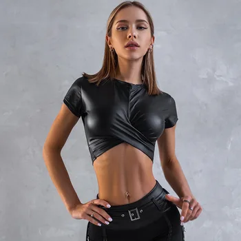 Echoine PU Deri Şal Kırpma Üstleri Streetwear Kadın Kısa Kollu Gömlek
