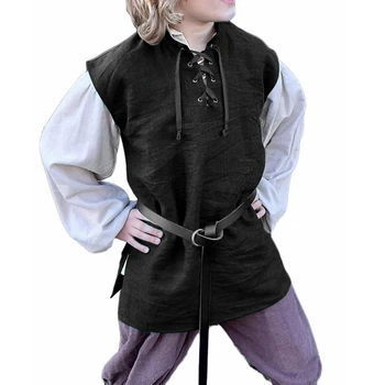 Erkek Cosplay Tunik Üst Ortaçağ Korsan Kostümleri Kolsuz Dantel-up Yaka LARP Viking Elbise