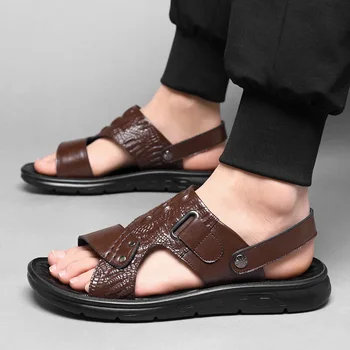 Erkek inek derisi sandalet erkek hakiki deri yaz dış giyim yeni trend plaj rahat kaymaz çift kullanımlı sandalet D222