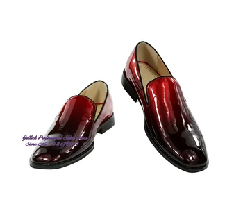 Erkek Kırmızı Siyah Degrade Renk Patent Deri Elbise Ayakkabı Slip-on Resmi parti ayakkabıları erkek iş elbisesi Ayakkabı Loafer'lar