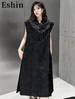 Eshın Kadınlar Siyah Toka Uzun Vintage Elbise Yeni Standı Yaka Kolsuz Gevşek Fit Moda Elbiseler İlkbahar Yaz 2023 TH3561