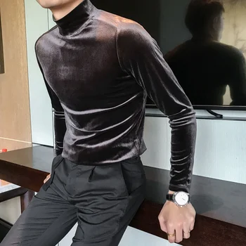 Fit Slim Moda Kulübü Sonbahar Kış Erkek Üst Tshirt Kore Tarzı 2023 Katı Erkek T Shirt Kalınlaşmış Balıkçı Yaka Uzun Kollu Tişört