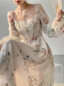 Fransız Zarif Çiçek Elbise Ofis Bayan Uzun Kollu Plaj Tarzı Bile Parti Midi Elbise Kadınlar 2023 Yaz Casual Vintage Elbise