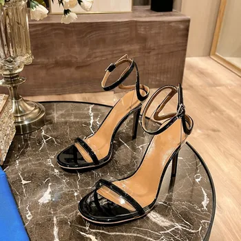 Gerçek Deri Kristal Sandalet İtalyan Marka Yüksek Topuklu Boyutu 34-42 Yaz Ayak Bileği Strappy İnce Yüksek Topuk Ayakkabı Sandalias Mujer