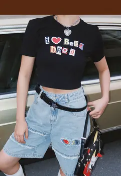 Harajuku Grunge Bebek Tees Vintage Streetwear Kadın Aşk Mektubu Baskı kısa kollu tişört Y2k Giyim Gotik Emo Kız Kırpma Üstleri