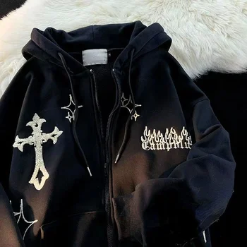 Harajuku Hoodies Y2k Kadınlar Vintage Gotik Streetwear Nakış Hip Hop Ceket fermuarlı kapüşonlu kıyafet Grunge Kazak Tops Alt Giysi