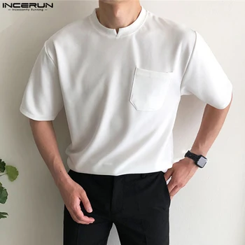 INCERUN Erkek T Shirt Katı O-boyun Kısa Kollu Yaz Büyük Boy Kore Temel Tee Üstleri Streetwear 2023 Casual Erkek T-shirt S-5XL