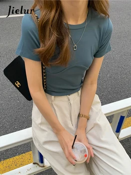 Jielur Mavi Yaz Kore Tarzı Yüksek Bel İnce T-shirt Kadın Yuvarlak Yaka Kayısı Kısa Tshirt Saf Renk Tees Kadın M-XL