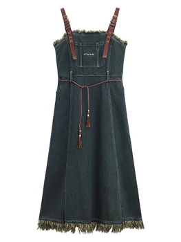 Kadın Kapalı Omuz Uzun Denim Elbise Vintage Kawaii Moda Harajuku Y2k Bayanlar Tek Parça A-line Midi Elbise Parti Kulübü Elbiseler