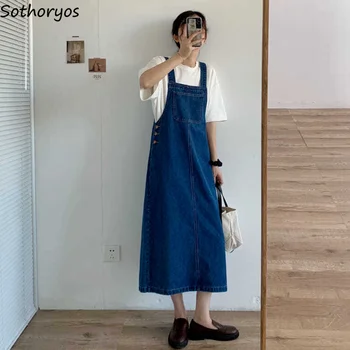 Kadın Kolsuz Elbiseler Denim Spagetti Sapanlar Gevşek Öğrenciler Tüm Maç Sundress Kore Tarzı Buzağı uzunlukta Streetwear Gençler Şık