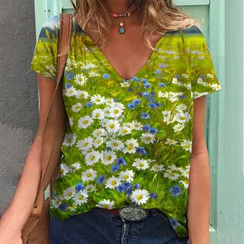 Kadın T-shirt Küçük Papatya Çiçek 3D Baskı Kısa Kollu V Yaka Tees Kadın Üstleri Streetwear Casual Büyük Boy T Shirt Y2k Giyim