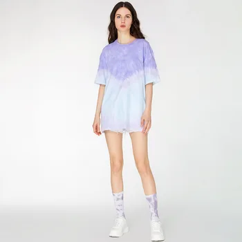 Kadın T-shirt Mor Gevşek Batik Baskı Yuvarlak Boyun Kısa Kollu pamuklu bluz Moda Banliyö 2022 Yaz Yeni Stil