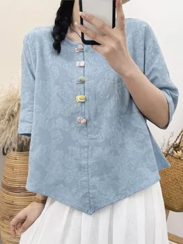 Kadın T shirt Yarım Kollu 2022 Yaz Pamuk Keten Düğme O Boyun Kazaklar Çin Giyim Vintage Moda Bluz Kadın