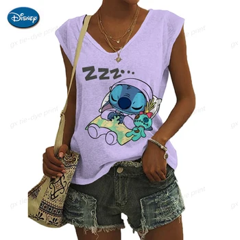 Kadın Yaz Disney Dikiş Baskı T-Shirt 2023 Moda Rahat Kolsuz Tank V Yaka Üst T-Shirt Bayanlar Gevşek Kazak