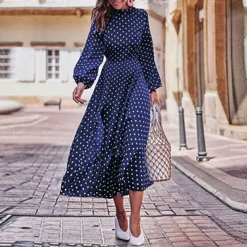 Kadın Zarif Retro Nokta Baskı Elbise 2023 Yaz Yeni O-boyun Yüksek Bel Puf Kollu Moda uzun elbise
