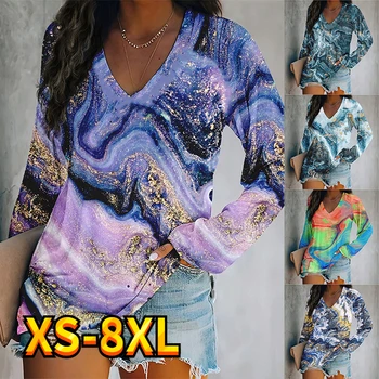 Kadın Üstleri Soyut Degrade Boyama Spor Streetwear Baskı Rahat V Boyun Uzun Kollu Temel Temel T Shirt Tee XS-8XL