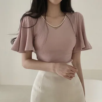 Kadınlar için 2023 Gömlek Mizaç V Yaka Flare Kısa Kollu Üst Slim Fit Mahsul Ropa Mujer pembe tişört Kore Ruffled Tshirt