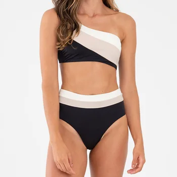 Kadınlar için seksi Yüzme Mayo Trend 2023 Mayo Bir Omuz Bikini Setleri Blok Renk Mayo Yüksek Bel Beachwear