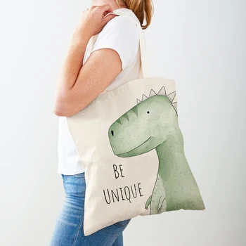 Karikatür Hayvan Dinozor Bayan Alışveriş Çantaları Her İki Taraflı omuz çantası Katlanabilir Kullanımlık Rahat Tuval Kadın alışveriş çantası Tote