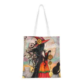 Kawaii Cadı Yolu Cadılar Bayramı Cadı Ve Siyah Kedi Fantezi Sanat bez alışveriş çantası Molly Harrison Bakkal Tuval Omuz Alışveriş Çantası