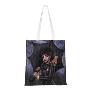 Komik Baskı Çarşamba Addams Cadılar Bayramı Gotik Alışveriş Tote Çanta Kullanımlık Tuval Omuz Shopper Çanta