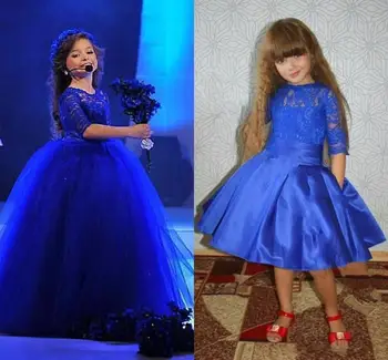 Kraliyet Mavi Yarım Dantel Kollu Kız Pageant Elbise Leke Diz Boyu Çiçek Kız Elbise Kızlar için yaşlı 2-14 yıl